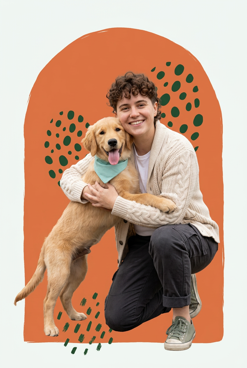 A person kneeling with a golden retriever puppy in front of an orange arch